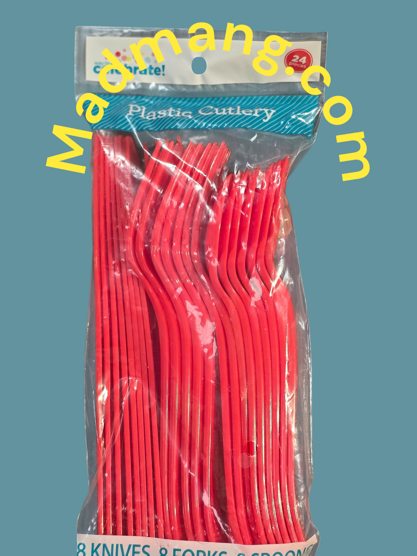 COMBO UTENSILS red 8 ea, fork, knife, spoon