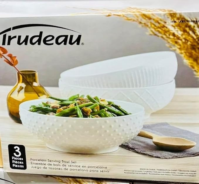 Trudeau 3 piece Porcelain Serving Bowl Set - 9.2 in diameter in White