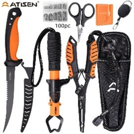 # F-101- 7-Piece Fish Knife Set - Bait Knife, Luya Tongs, Knife Sharpener, Anti-loss Stretch Rope, Fishing Line Clippers, Knife Sharpener - Stainless Steel - For Outdoor Camping, Fishing, Hiking - Perfect Gift for Men & Fishing Enthusiasts #F101