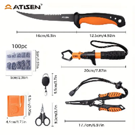 # F-101- 7-Piece Fish Knife Set - Bait Knife, Luya Tongs, Knife Sharpener, Anti-loss Stretch Rope, Fishing Line Clippers, Knife Sharpener - Stainless Steel - For Outdoor Camping, Fishing, Hiking - Perfect Gift for Men & Fishing Enthusiasts #F101