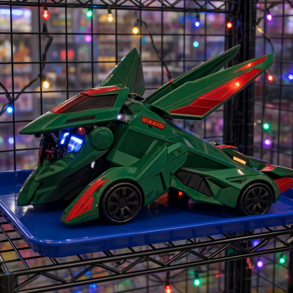 Green and Red Flying Dragon Fighter Jet Bump and Go Light-Up Toy on blue display tray