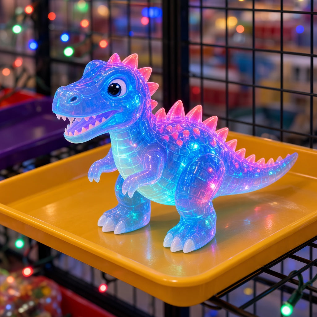 Glowing LED Walking Dinosaur Bump and Go Toy on yellow display tray