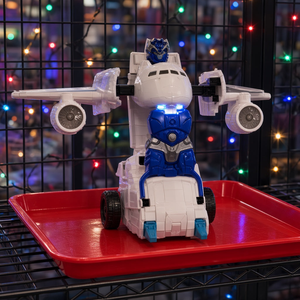 White and Blue Transforming Fighter Jet Robot Bump and Go Toy on red display tray