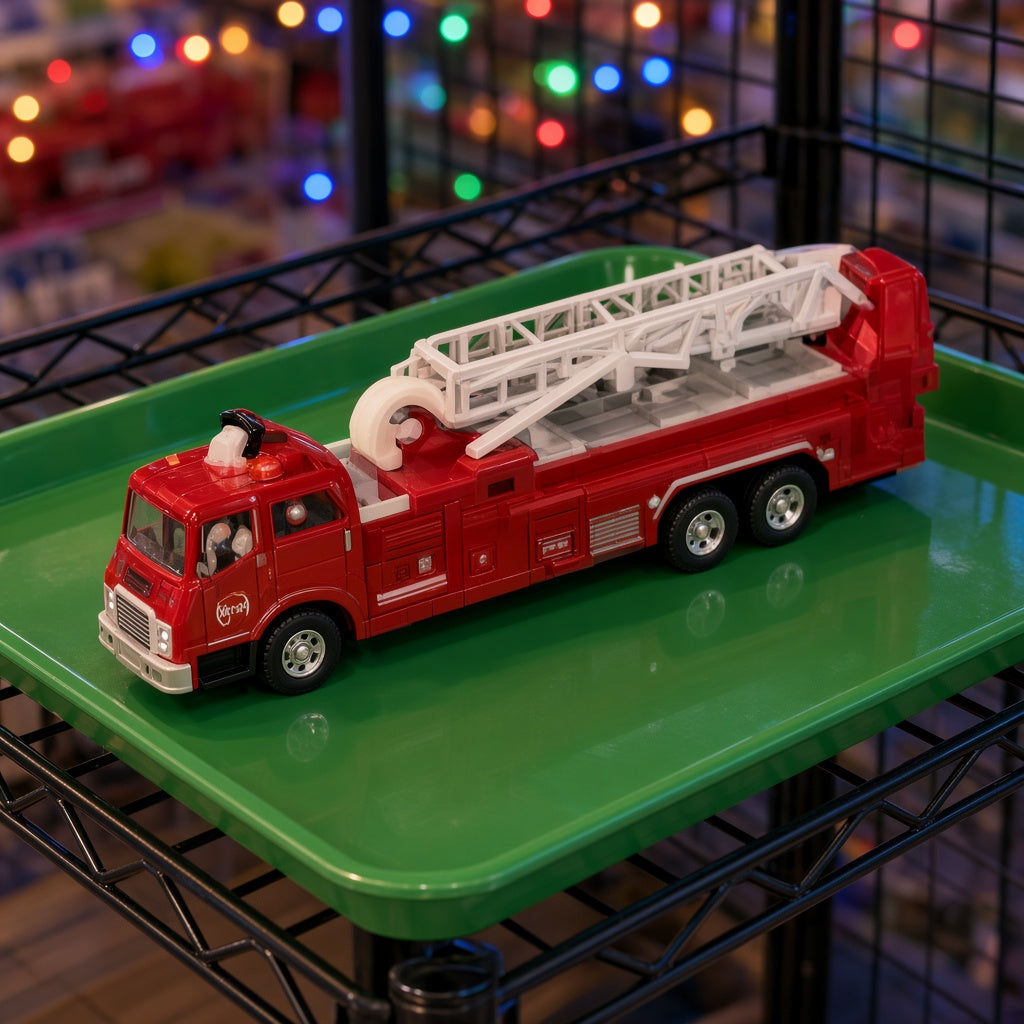 Red Fire Ladder Truck Bump and Go Emergency Toy on green display tray