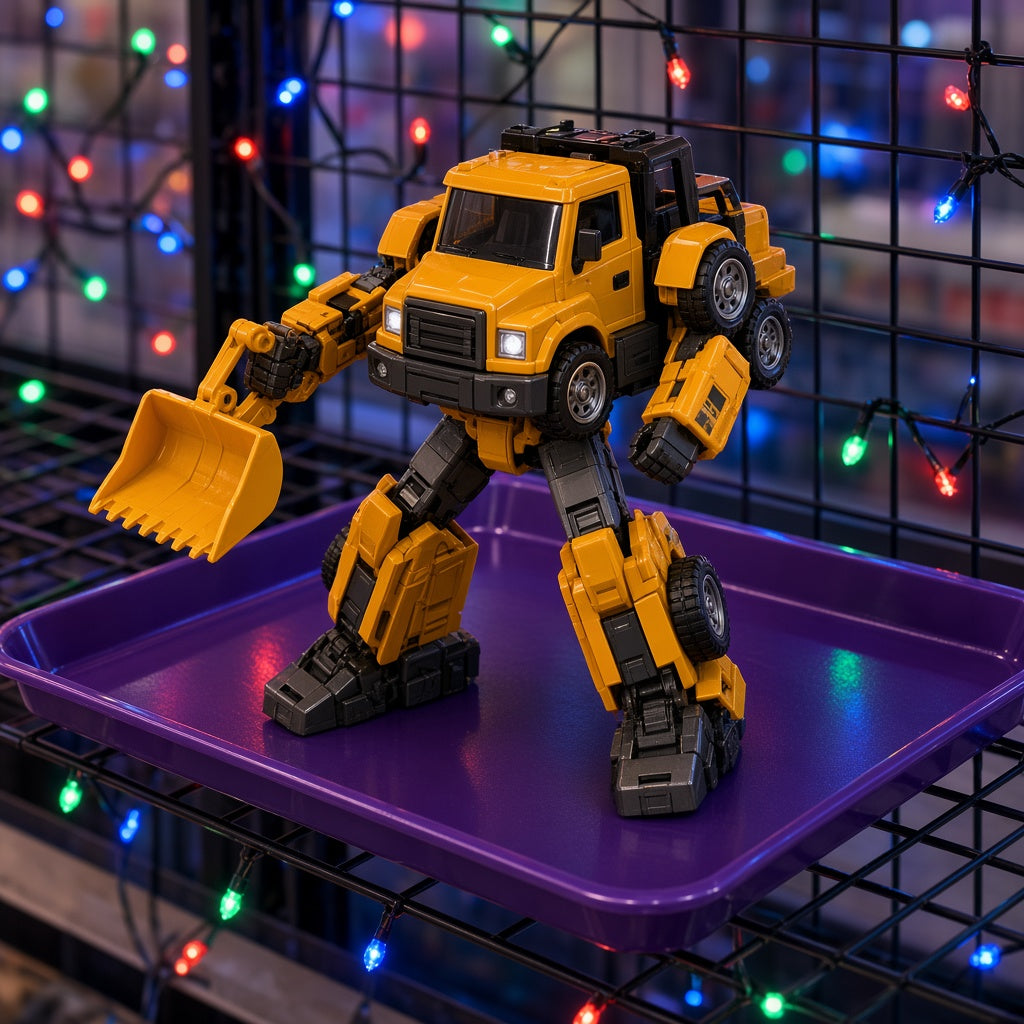 Yellow Transforming Construction Truck Robot Bump and Go Toy on purple display tray