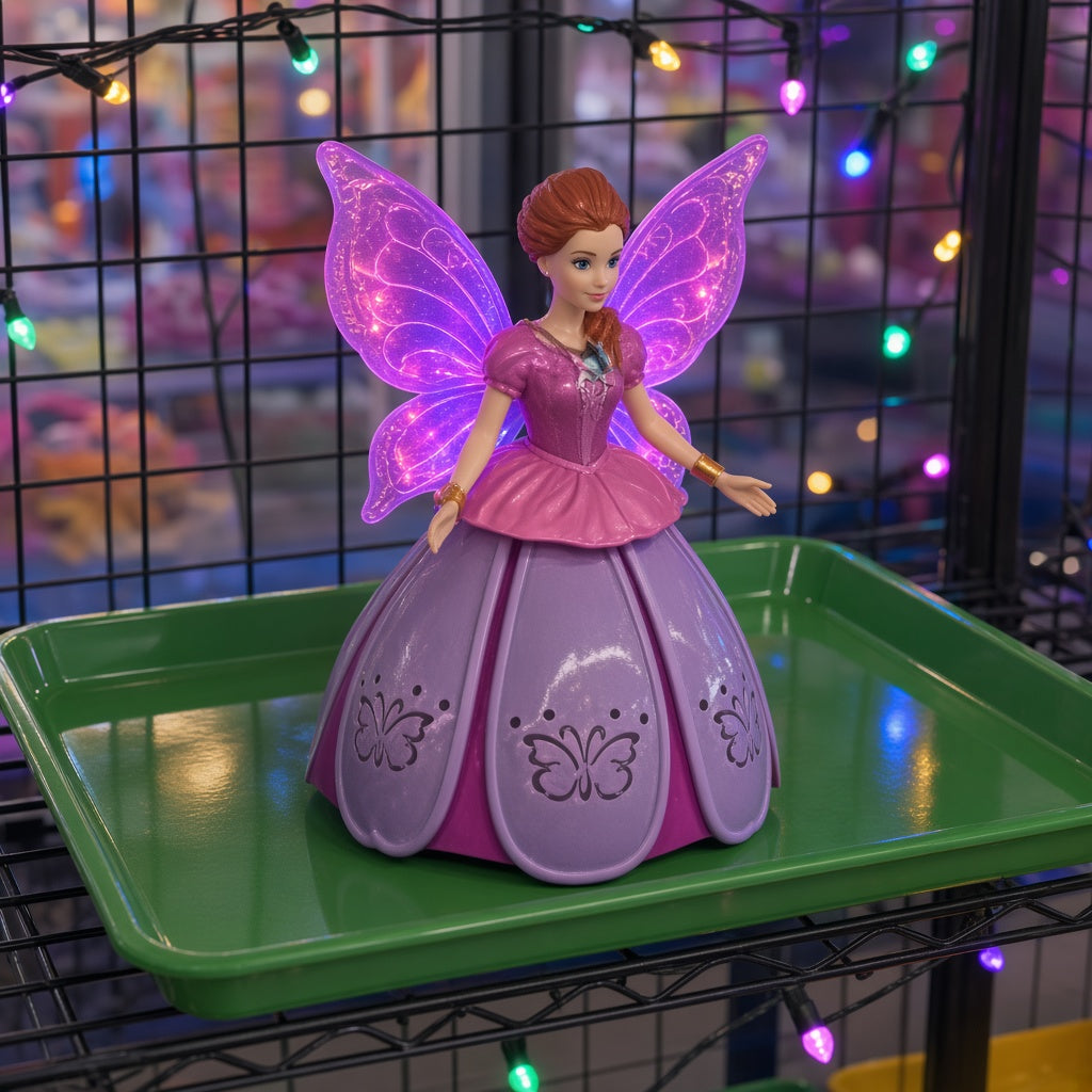 Purple Butterfly Fairy Twirling Princess Light-Up Doll on green display tray