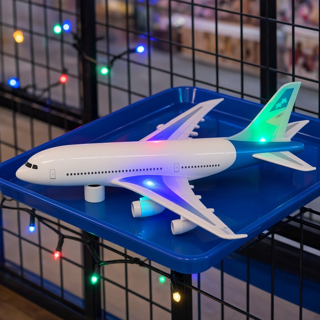 Light-Up LED Passenger Airplane Bump and Go Toy on blue display tray