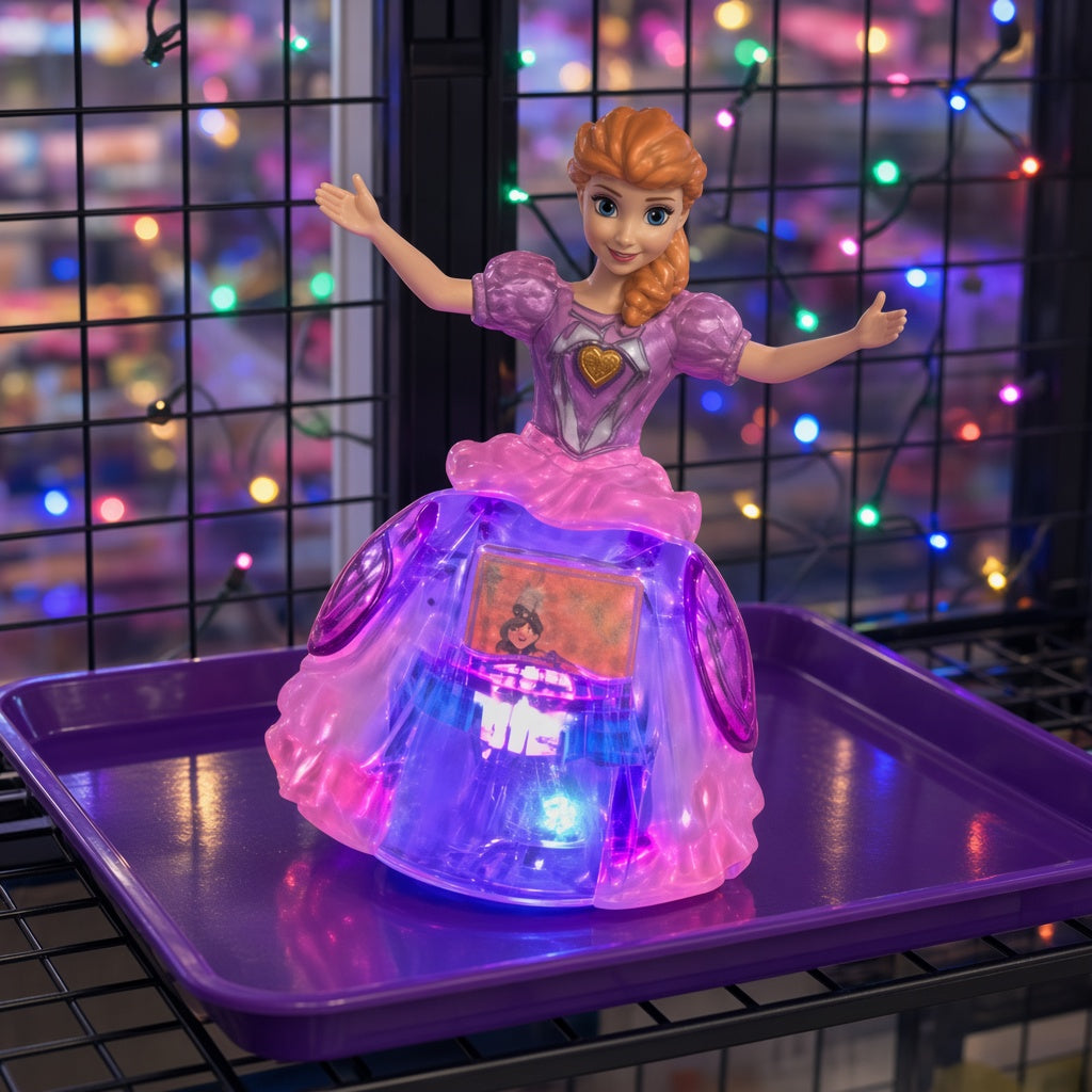Glowing Pink Crystal Gown Twirling Princess Light-Up Doll on purple display tray