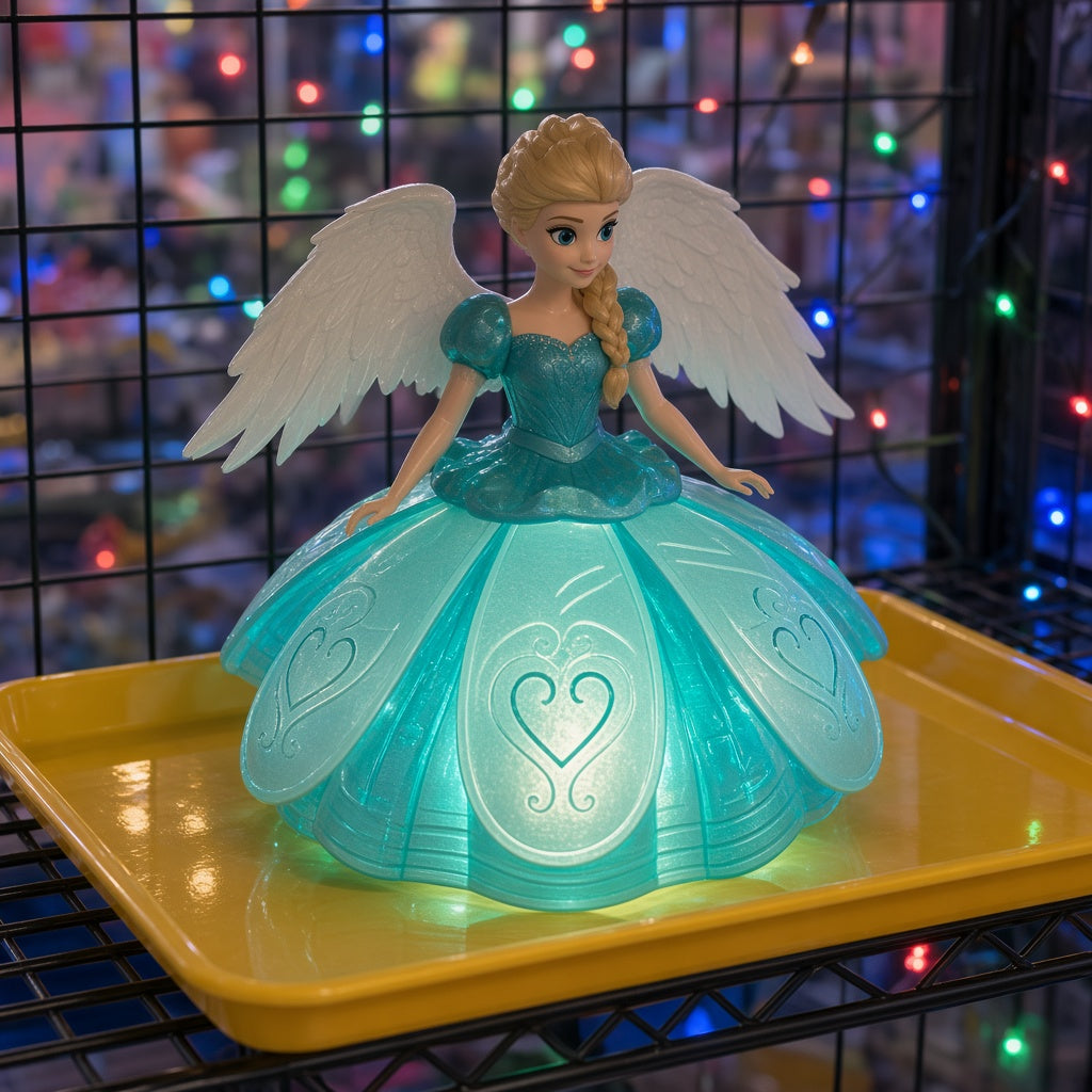 Teal Angel Wings Twirling Princess Light-Up Musical Doll on yellow display tray