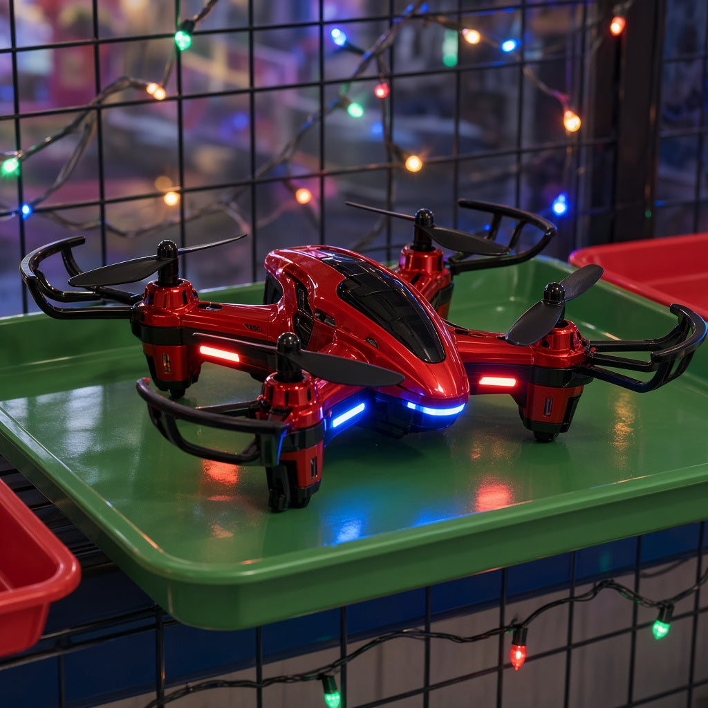 Red Four-Rotor Quadcopter Drone Bump and Go Light-Up Toy on green display tray