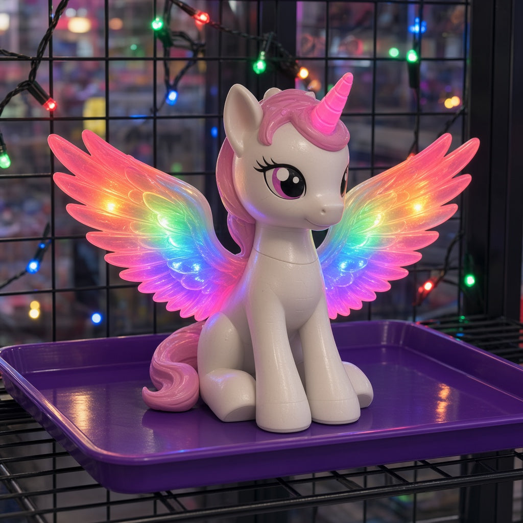 White and Pink Light-Up Winged Unicorn Pony Bump and Go Toy on purple display tray