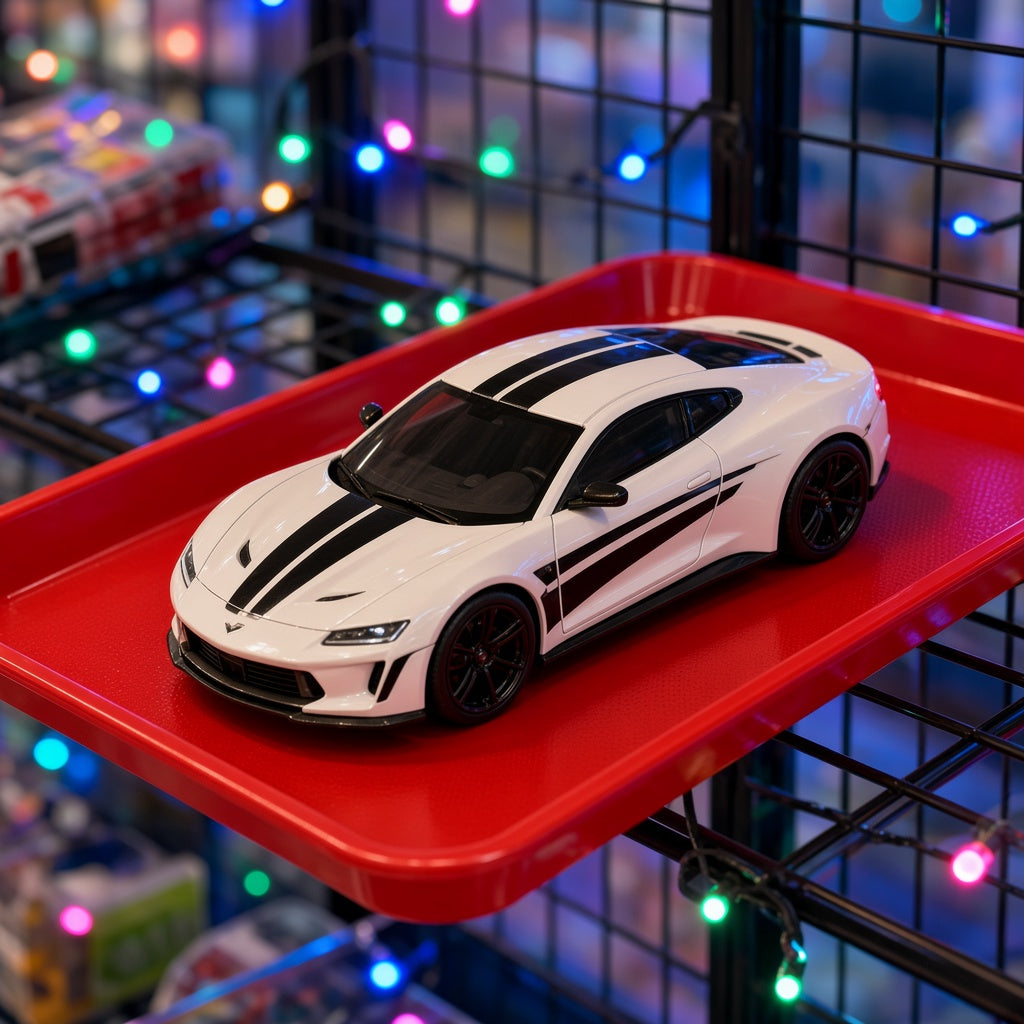 White and Black GT Sports Car Bump and Go Light-Up Racer on red display tray