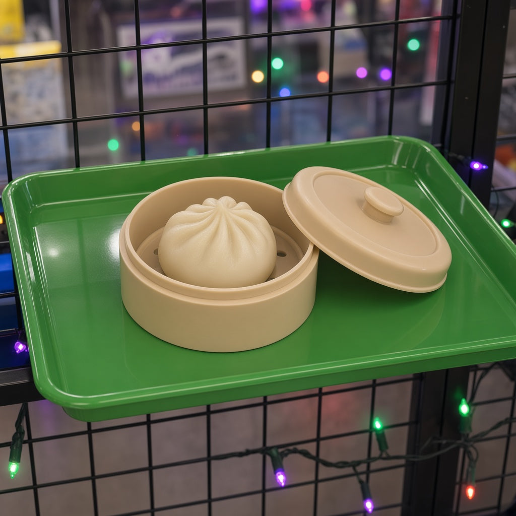 Squeezy Dumpling Bun in Bamboo-Style Steamer Basket Fidget Toy on green display tray