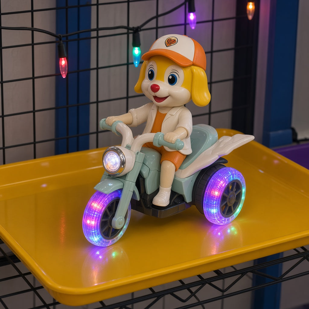 Stunt Tricycle Rider with Glowing LED Wheels Bump and Go Toy on yellow display tray