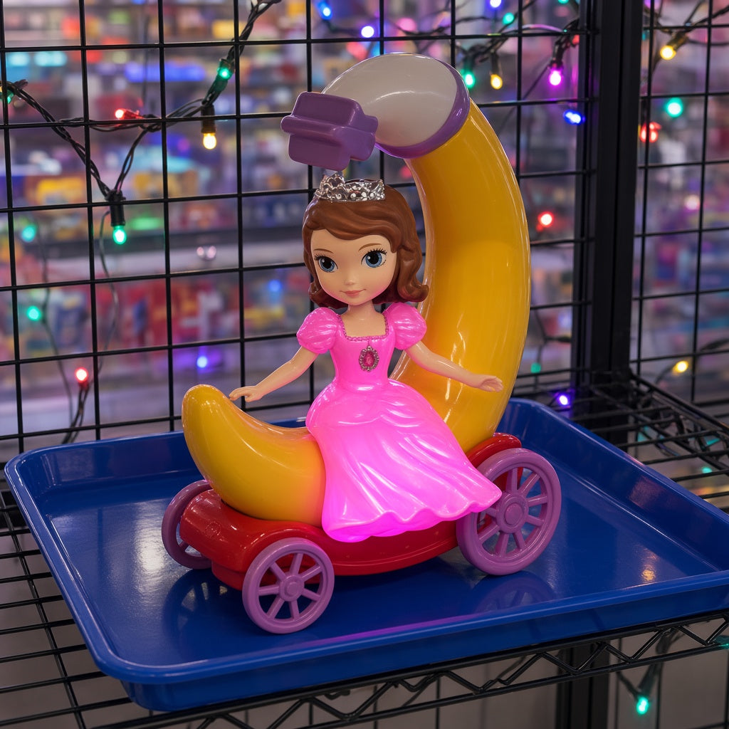 Twirling Princess on Glowing Crescent Moon Carriage Light-Up Doll on blue display tray