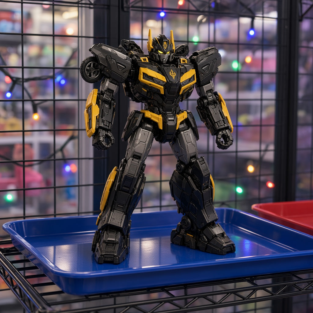 Black and Yellow Armored Mech Robot Bump and Go Light-Up Toy on blue display tray