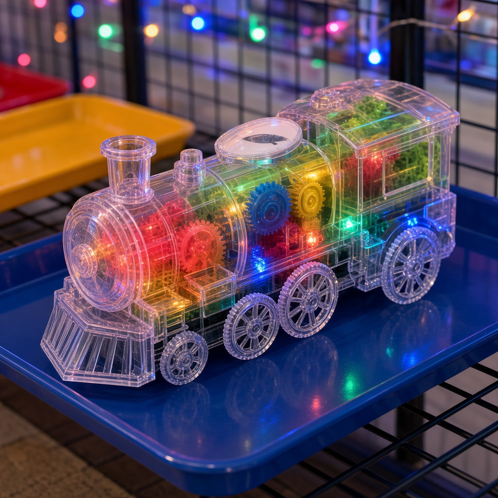 Transparent Mechanical Gear Locomotive Train Bump and Go Toy on blue display tray