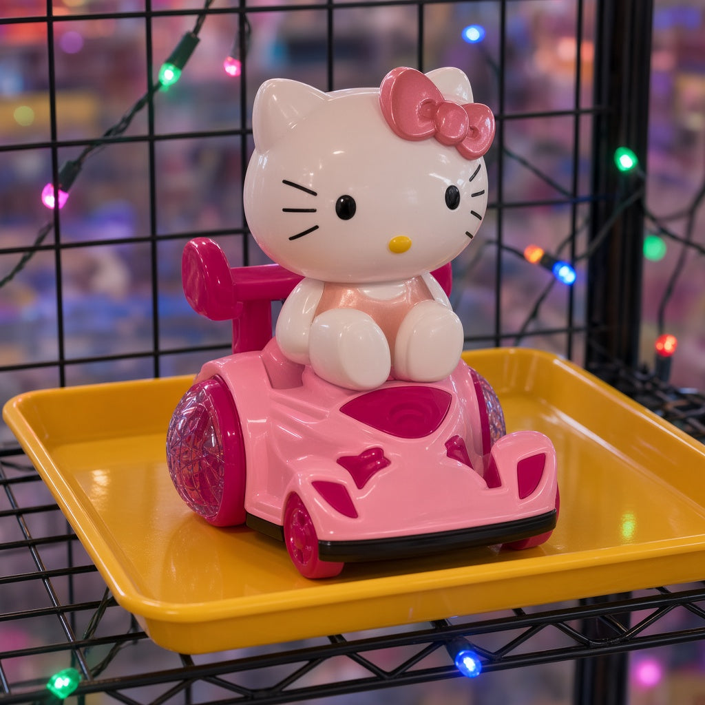 Pink Kitty Convertible Racecar Bump and Go Light-Up Toy on yellow display tray