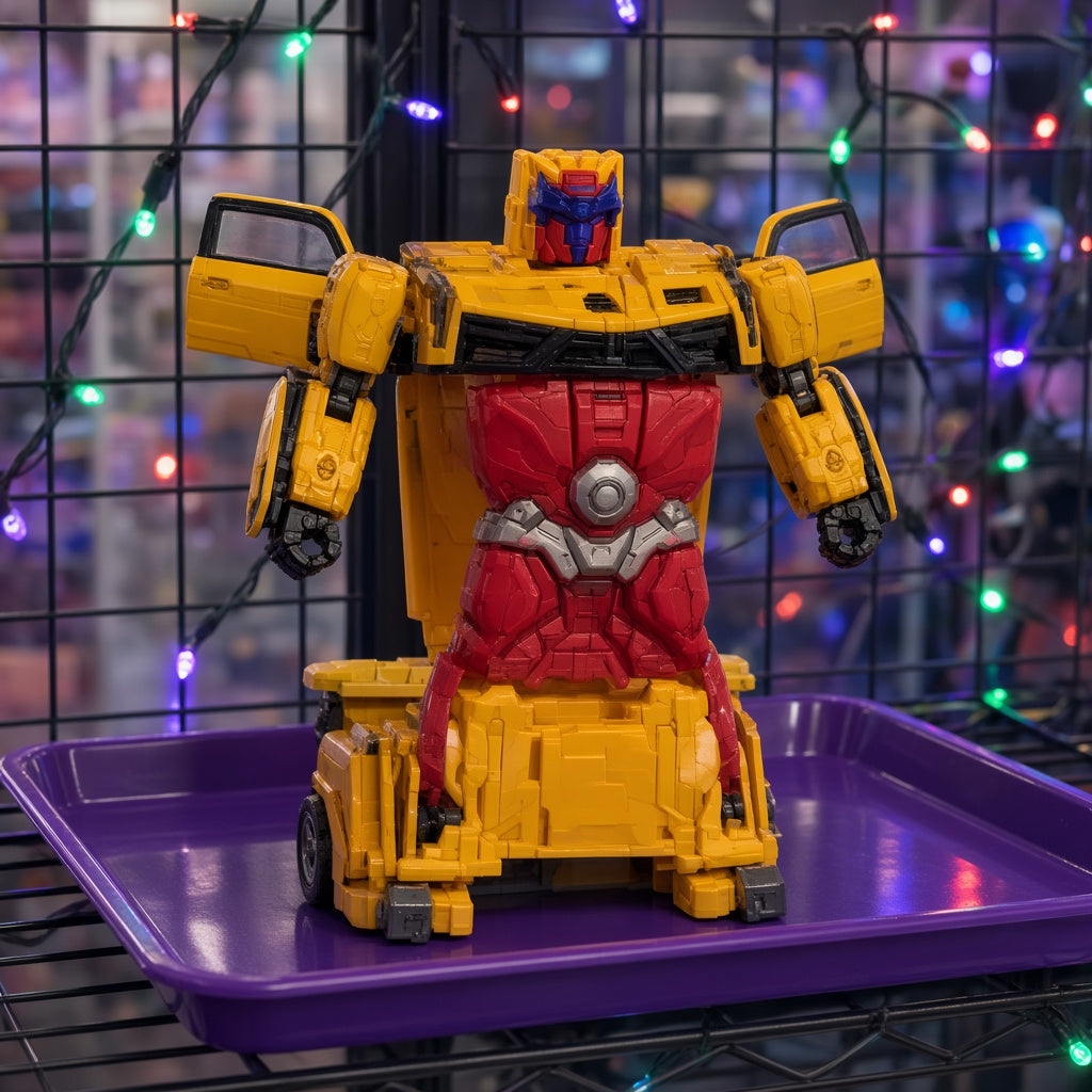 Yellow and Red Transforming Sports Car Robot Bump and Go Toy on purple display tray