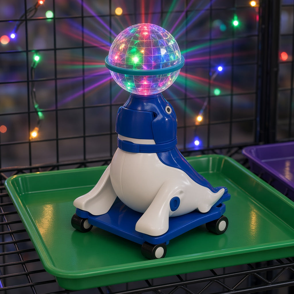 Balancing Seal with Spinning Glowing LED Disco Ball Bump and Go Toy on green display tray