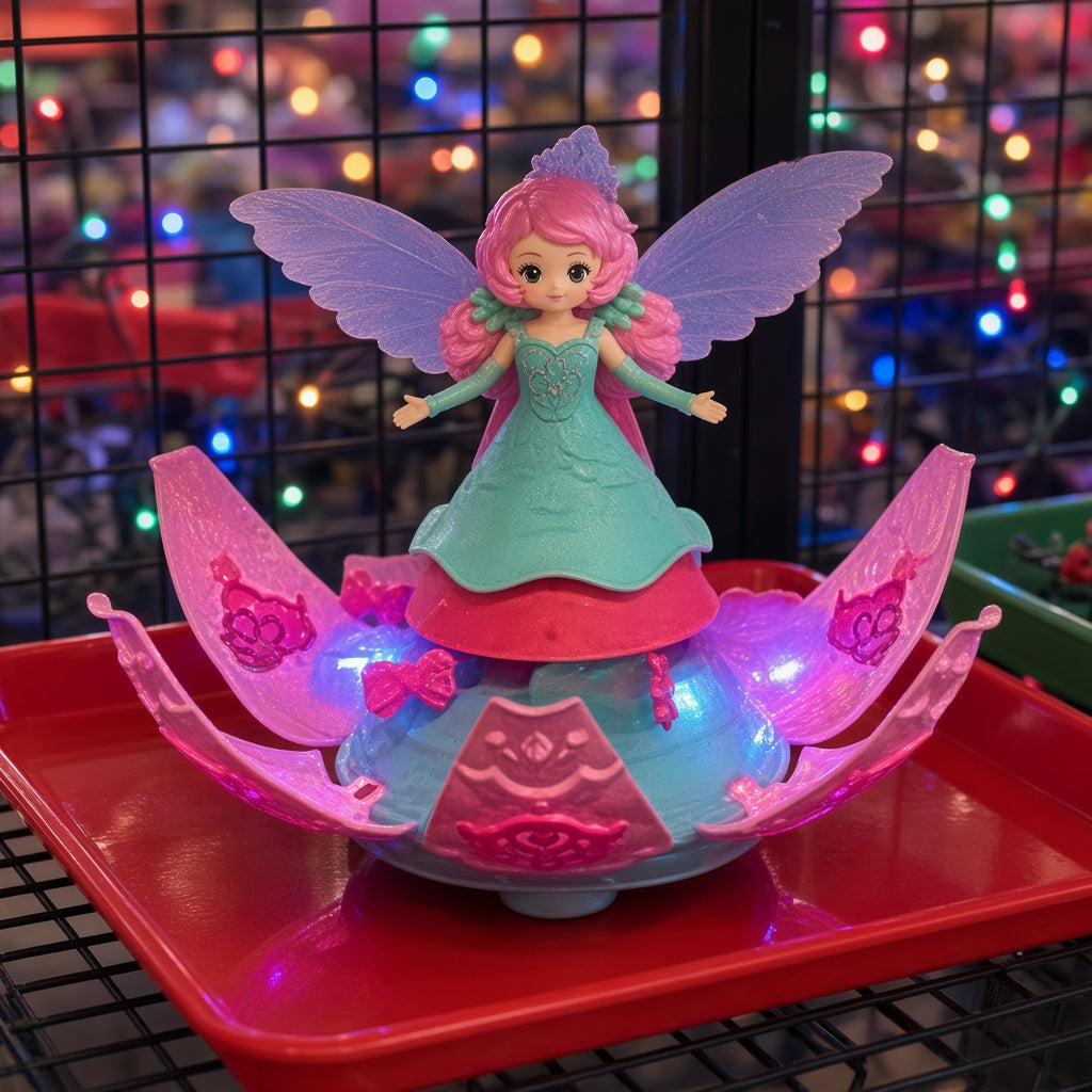 Pink and Teal Blooming Petal Fairy Twirling Princess Light-Up Doll on red display tray