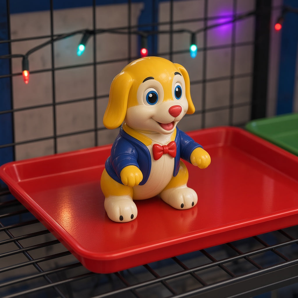 Interactive Yellow Puppy Dog in Blue Jacket Bump and Go Toy on red display tray