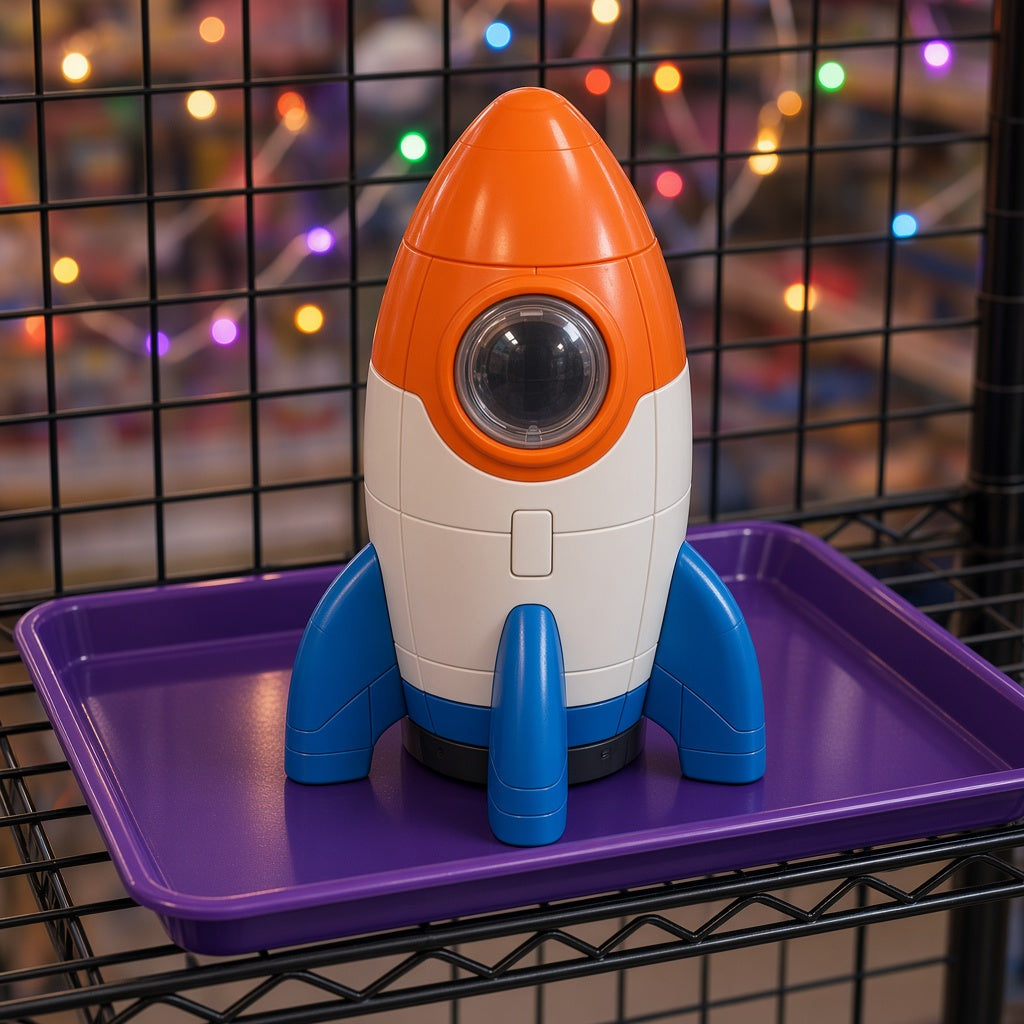 Galactic Space Rocket Ship Bump and Go Light-Up Toy on purple display tray