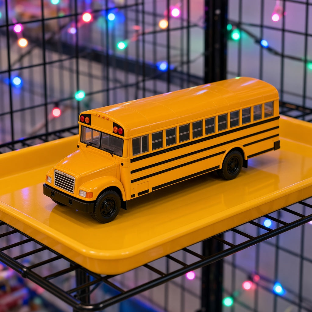 Classic Yellow School Bus Bump and Go Light-Up Toy on yellow display tray