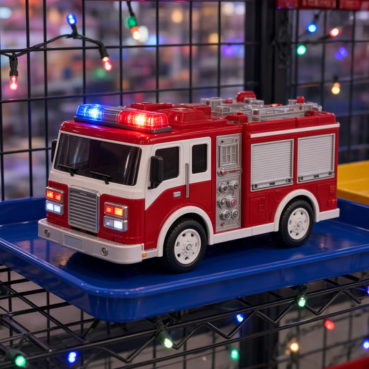 Red and White Fire Pumper Rescue Truck Bump and Go Light-Up Toy on blue display tray