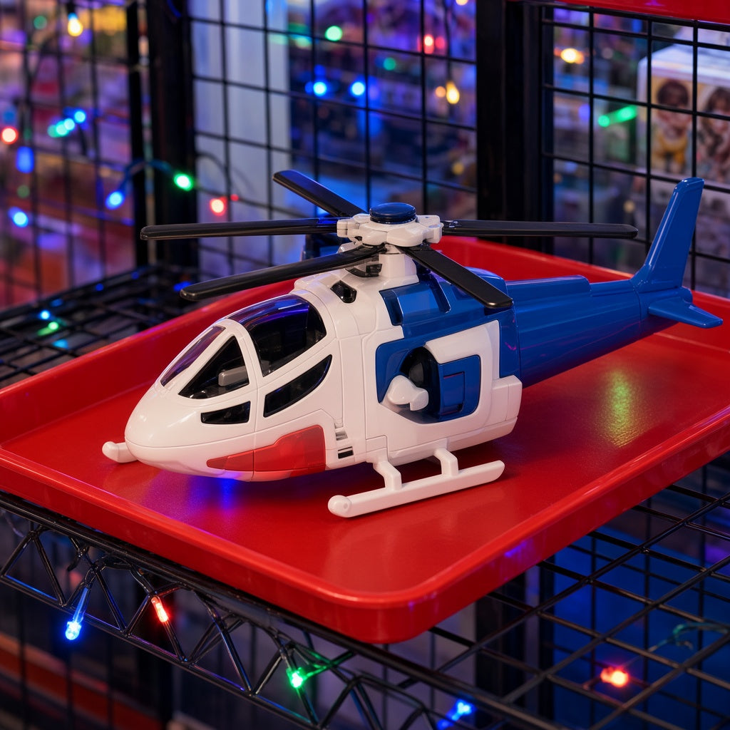 Blue and White Rescue Helicopter Bump and Go Toy on red display tray